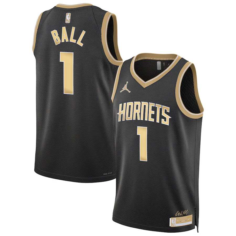 Men%27s Charlotte Hornets #1 Lamelo Ball Black Gold 2024 Select Series Stitched Jersey Dzhi